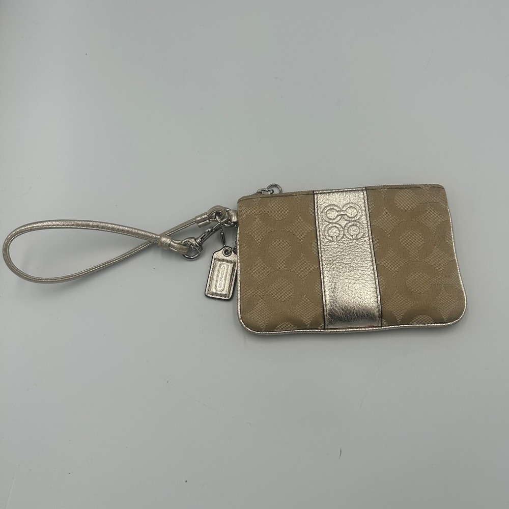 Coach Wristlet Womens OS Tan Metallic Signature Jacquard Zip Pouch